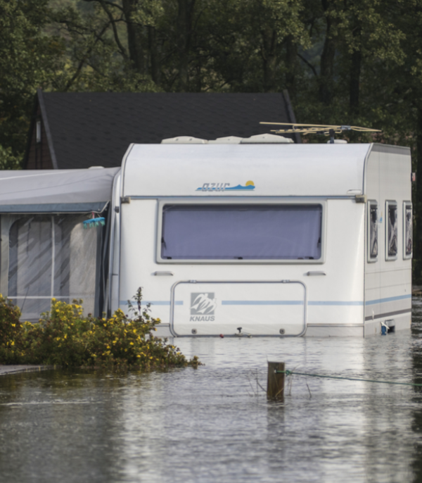 Drowned and damaged caravan due to flood